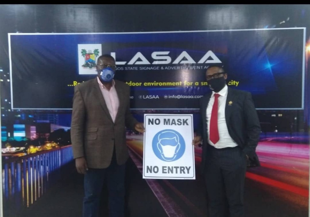 August 17, 2020: The Managing Director of Lagos State Signage and Advertisement Agency, Prince Adedamola Docemo today, during a presentation of safety signs by the Managing Director of Wow Roadshows Limited, Mr. Tokunbo Odebunmi