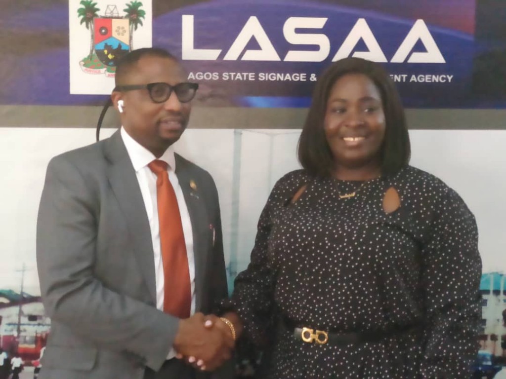 February 11, 2020: The General Manager, Lagos State Parks and Gardens Agency (LASPARK), Mrs. Adetoun Ibilola Popoola during a courtesy visit paid the Managing Director, Lagos State Signage and Advertisement Agency (LASAA), Prince Adedamola Docemo