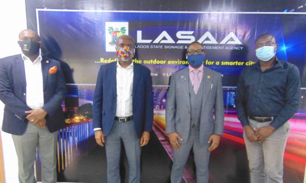 September 1, 2020: L-R Special Adviser Operations (LASAA), Mr. Gbolahan Dixon; Marketing Director, Nigerian Breweries Plc, Mr. Emmanuel Oriakhi; Managing Director, Lagos State Signage and Advertisement Agency (LASAA), Prince Adedamola Docemo; and National Trade Marketing Manager, Nigerian Breweries Plc, Mr. Funso Ayeni during a courtesy visit paid the Agency today.